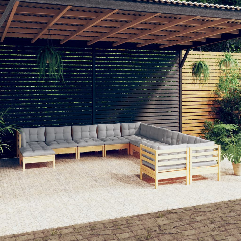 11-tlg. Garten-Lounge-Set mit Grauen Kissen Kiefernholz