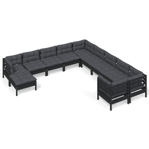 vidaXL Salon de jardin 11 pcs avec coussins Noir Bois de pin