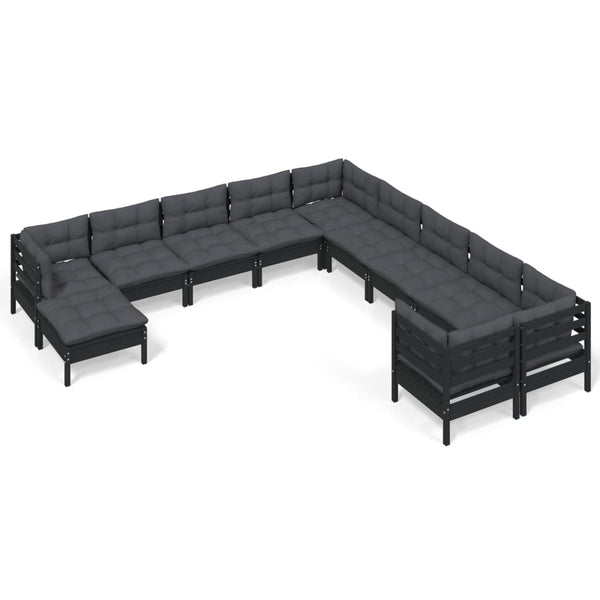 vidaXL Salon de jardin 11 pcs avec coussins Noir Bois de pin