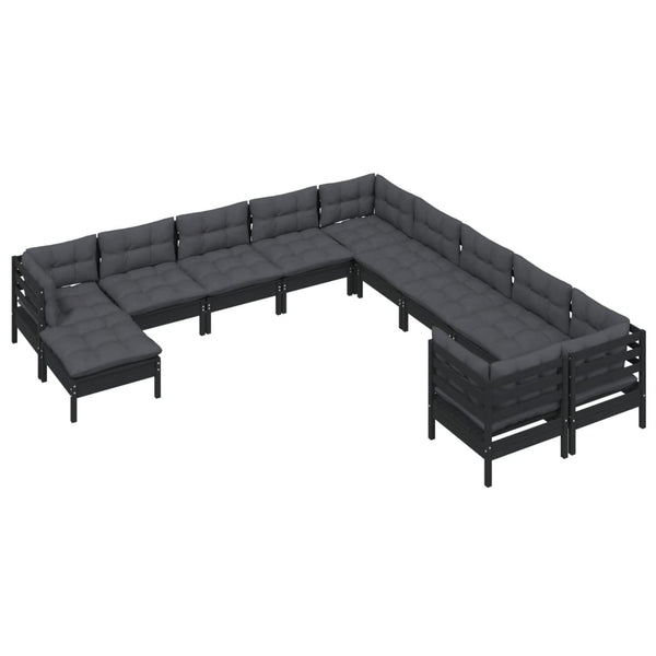 vidaXL Salon de jardin 11 pcs avec coussins Noir Bois de pin