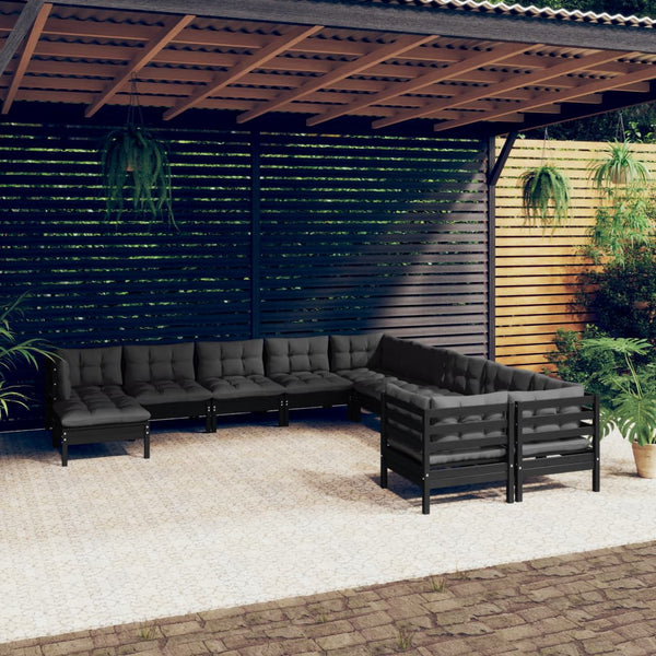 vidaXL Salon de jardin 11 pcs avec coussins Noir Bois de pin