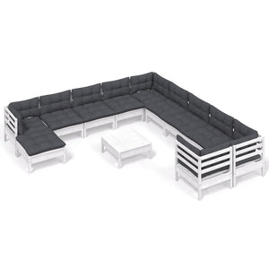 12-tlg. Garten-Lounge-Set mit Kissen Weiß Kiefernholz