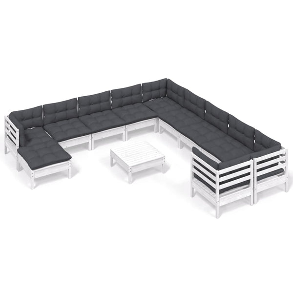 12-tlg. Garten-Lounge-Set mit Kissen Weiß Kiefernholz