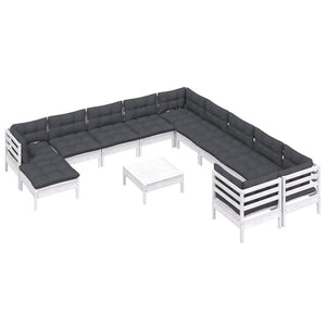 12-tlg. Garten-Lounge-Set mit Kissen Weiß Kiefernholz