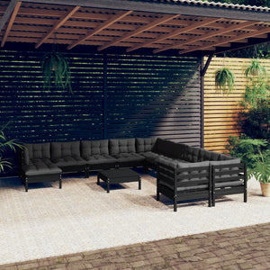 12-tlg. Garten-Lounge-Set mit Kissen Schwarz Kiefernholz