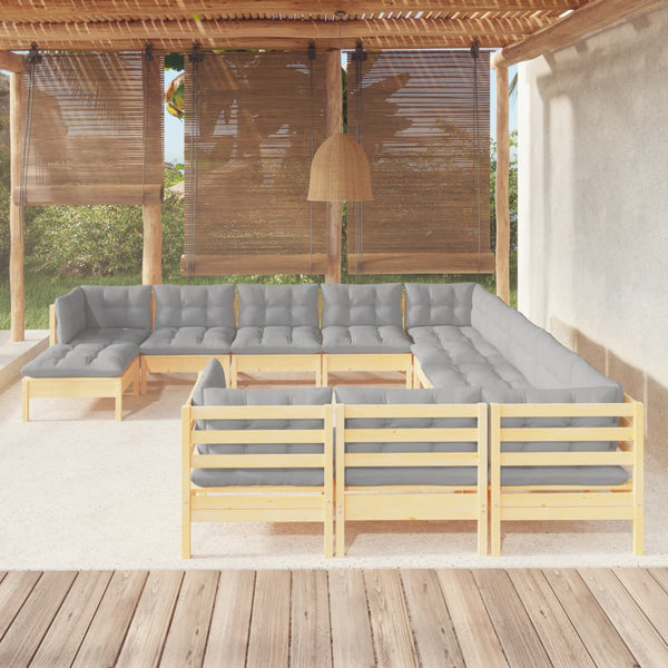 12-tlg. Garten-Lounge-Set mit Grauen Kissen Kiefernholz