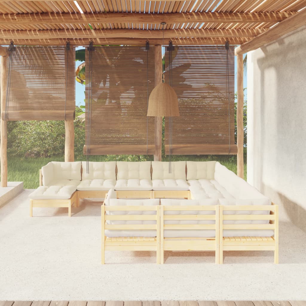 12-tlg. Garten-Lounge-Set mit Creme Kissen Kiefernholz
