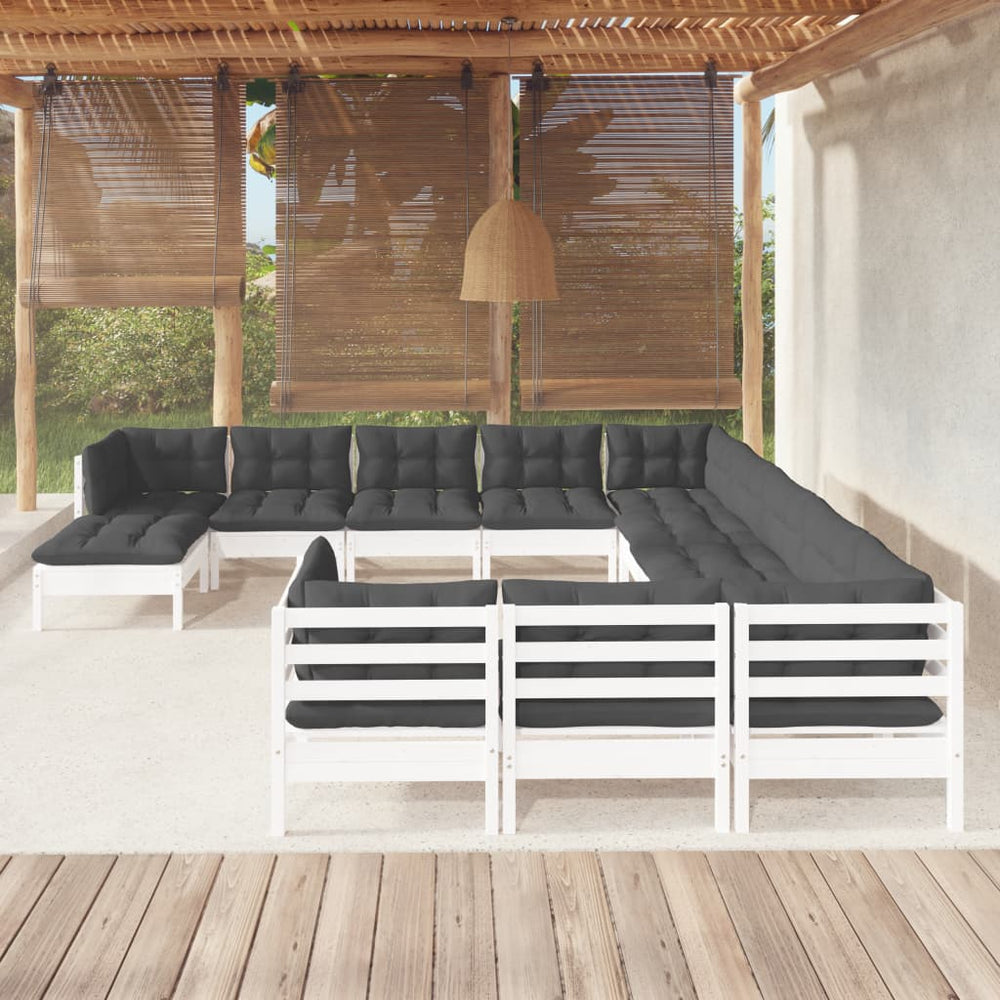 vidaXL Salon de jardin 12 pcs avec coussins Blanc Bois de pin