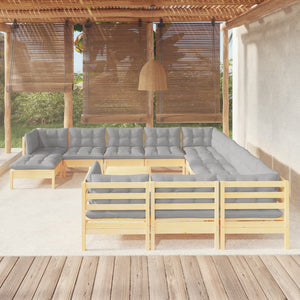 13-tlg. Garten-Lounge-Set mit Grauen Kissen Kiefernholz