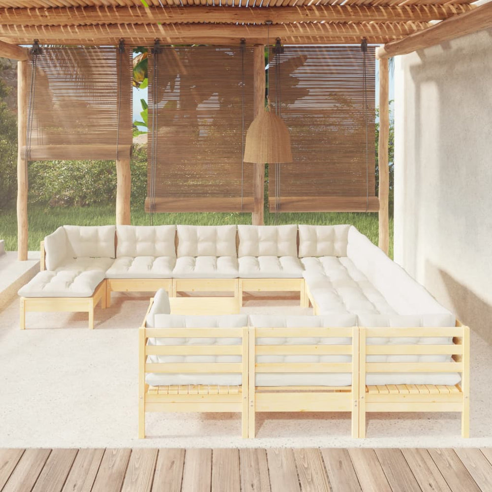 vidaXL Salon de jardin 13 pcs avec coussins crème en bois de pin