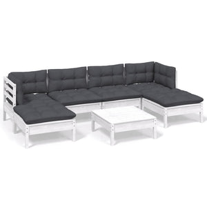 7-tlg. Garten-Lounge-Set mit Kissen Weiß Kiefernholz