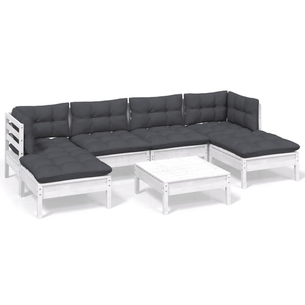 7-tlg. Garten-Lounge-Set mit Kissen Weiß Kiefernholz