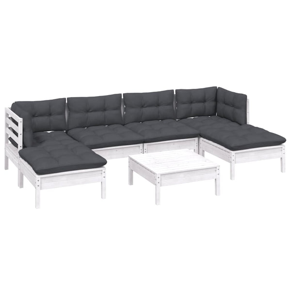 7-tlg. Garten-Lounge-Set mit Kissen Weiß Kiefernholz