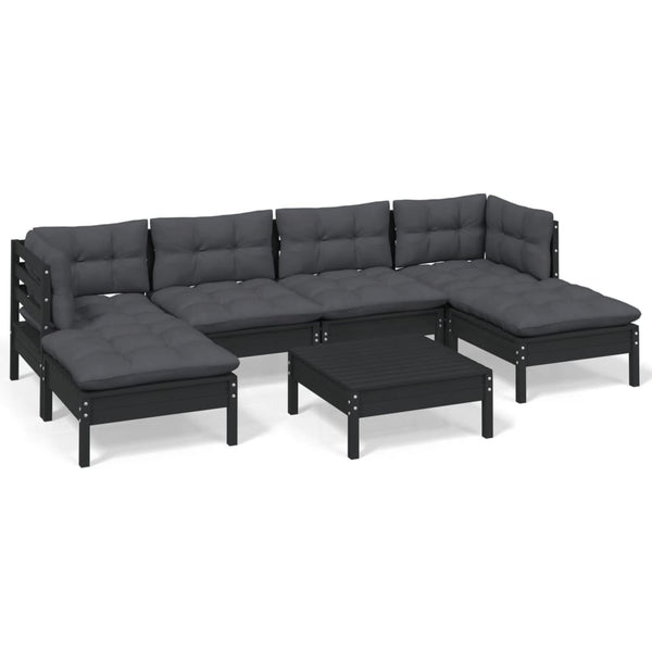 7-tlg. Garten-Lounge-Set mit Kissen Schwarz Kiefernholz