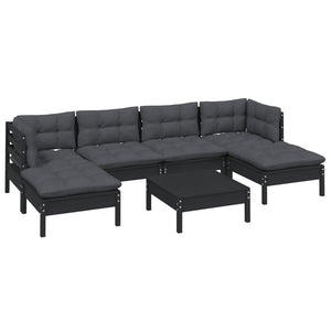 7-tlg. Garten-Lounge-Set mit Kissen Schwarz Kiefernholz