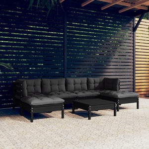 7-tlg. Garten-Lounge-Set mit Kissen Schwarz Kiefernholz