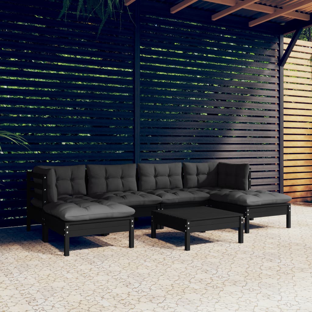 7-tlg. Garten-Lounge-Set mit Kissen Schwarz Kiefernholz