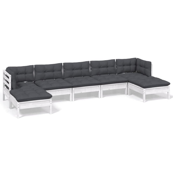 7-tlg. Garten-Lounge-Set mit Kissen Weiß Kiefernholz