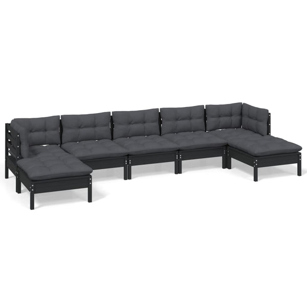 7-tlg. Garten-Lounge-Set mit Kissen Schwarz Kiefernholz