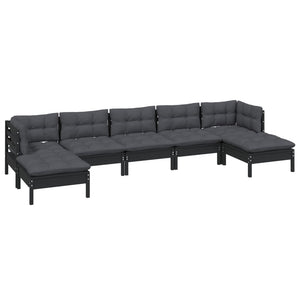 7-tlg. Garten-Lounge-Set mit Kissen Schwarz Kiefernholz