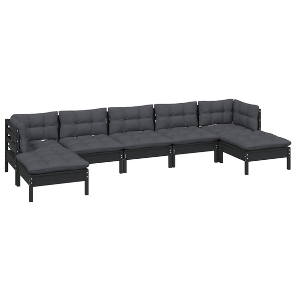 7-tlg. Garten-Lounge-Set mit Kissen Schwarz Kiefernholz
