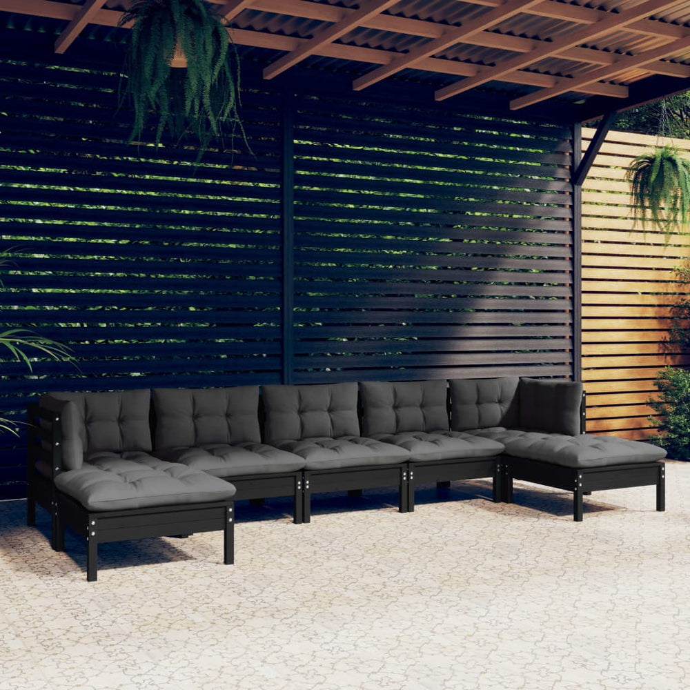 vidaXL Salon de jardin 7 pièces avec coussins Noir Bois de pin