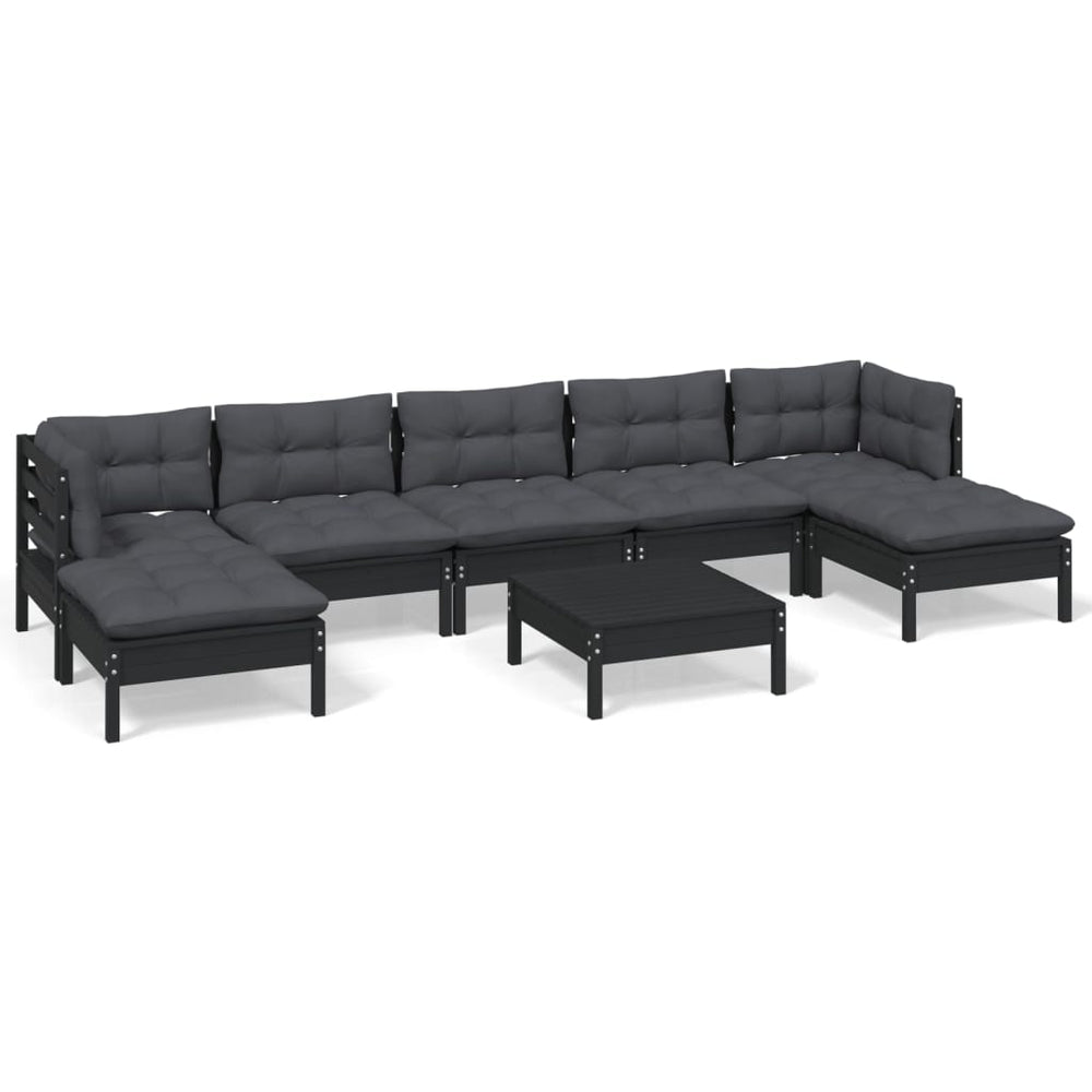 vidaXL Salon de jardin 8 pièces avec coussins Noir Bois de pin