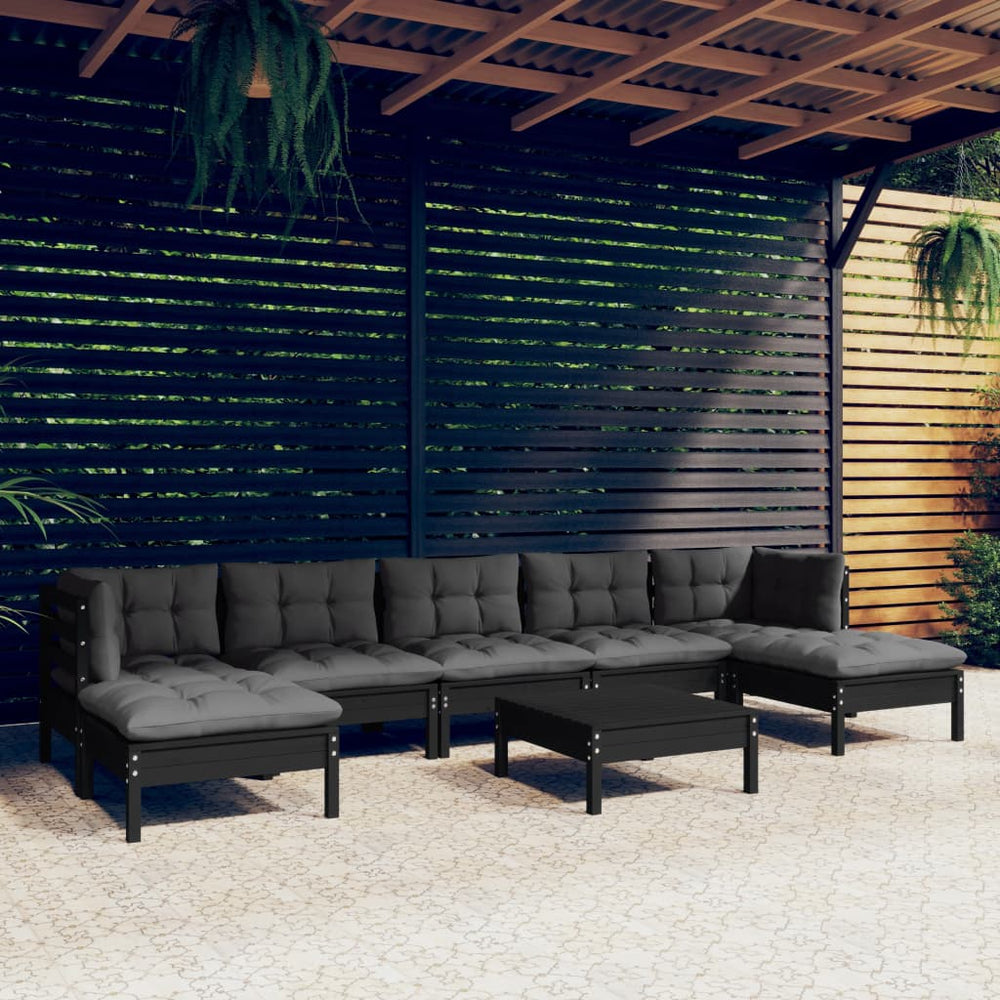 vidaXL Salon de jardin 8 pièces avec coussins Noir Bois de pin