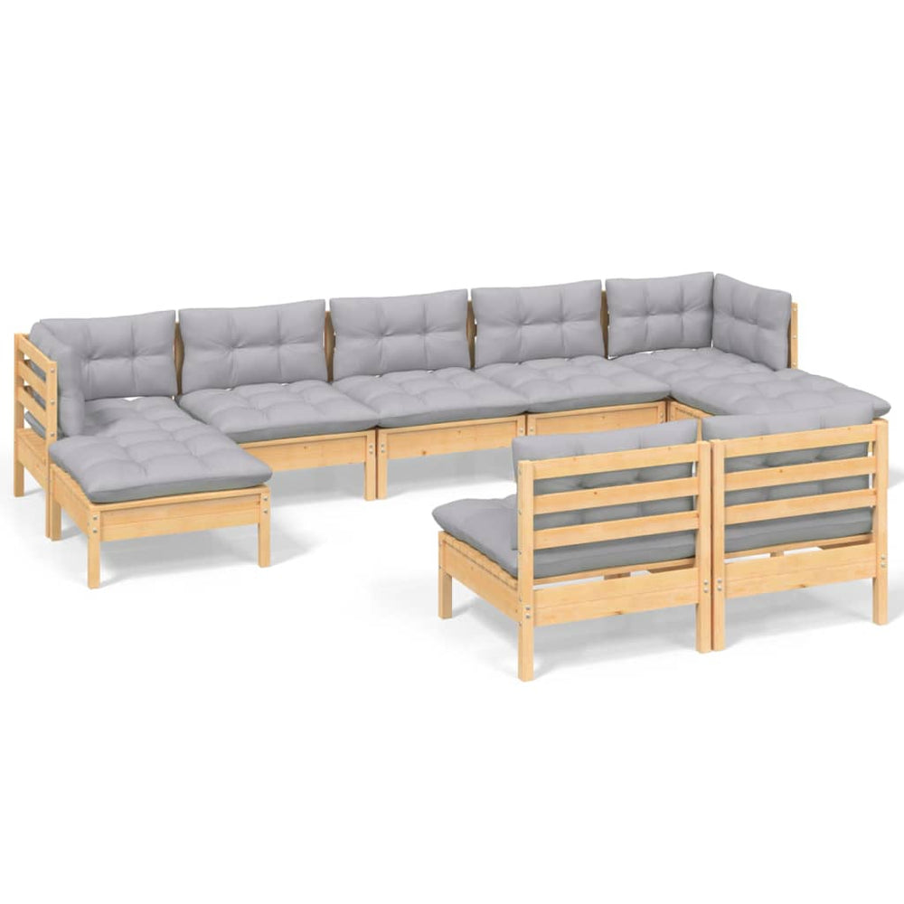 vidaXL Salon de jardin 9 pcs avec coussins gris Bois de pin