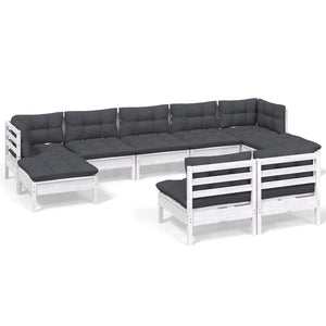 9-tlg. Garten-Lounge-Set mit Kissen Weiß Kiefernholz