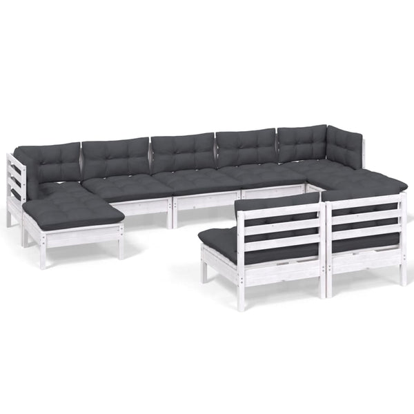 9-tlg. Garten-Lounge-Set mit Kissen Weiß Kiefernholz