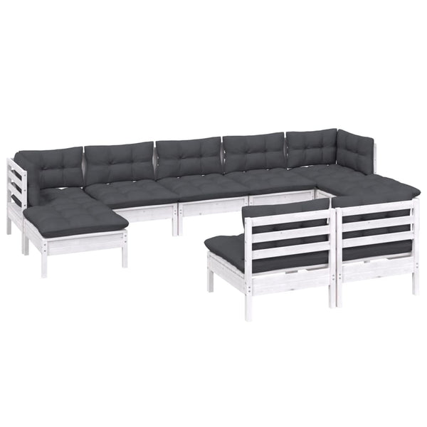 9-tlg. Garten-Lounge-Set mit Kissen Weiß Kiefernholz