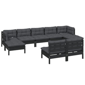 9-tlg. Garten-Lounge-Set mit Kissen Schwarz Kiefernholz