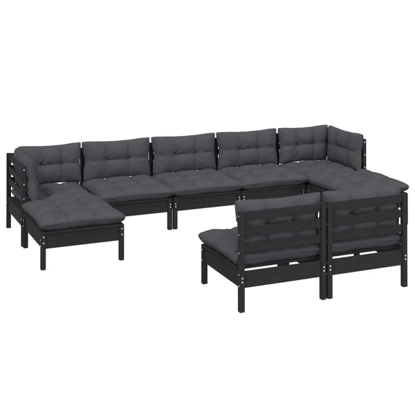 9-tlg. Garten-Lounge-Set mit Kissen Schwarz Kiefernholz