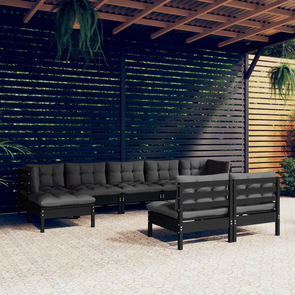 9-tlg. Garten-Lounge-Set mit Kissen Schwarz Kiefernholz