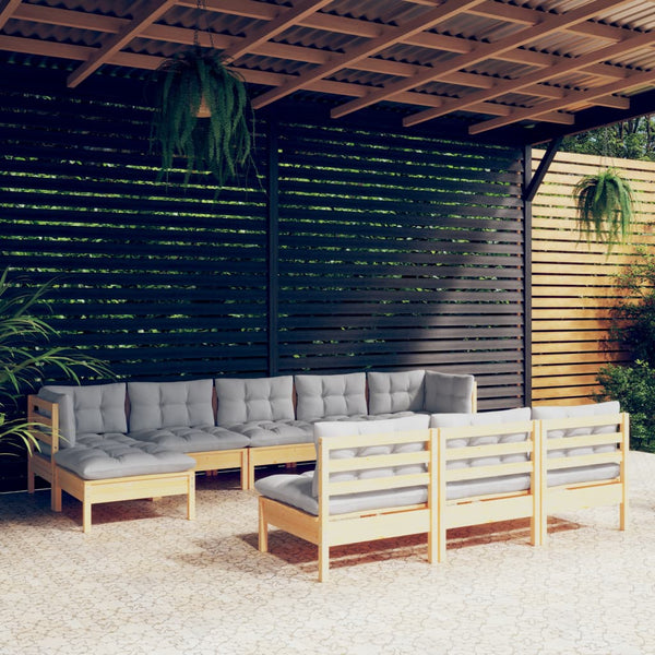 vidaXL Ensemble de jardin lounge 10 pcs avec coussins gris Bois de pin