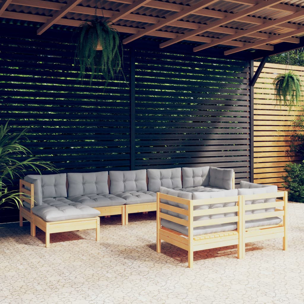 vidaXL Salon de jardin 9 pièces avec coussins gris Bois de pin massif