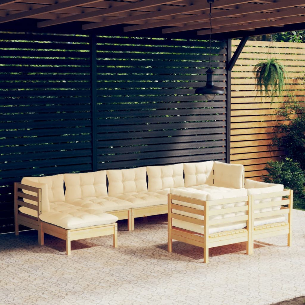 vidaXL Salon de jardin 9 pcs avec coussins crème Pin massif