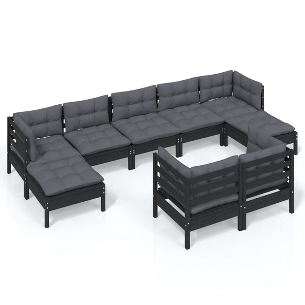 9-tlg. Garten-Lounge-Set mit Kissen Schwarz Kiefer Massivholz