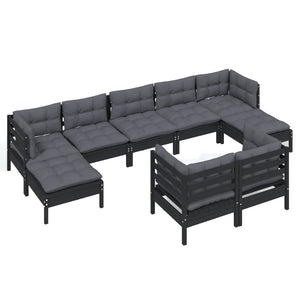 9-tlg. Garten-Lounge-Set mit Kissen Schwarz Kiefer Massivholz