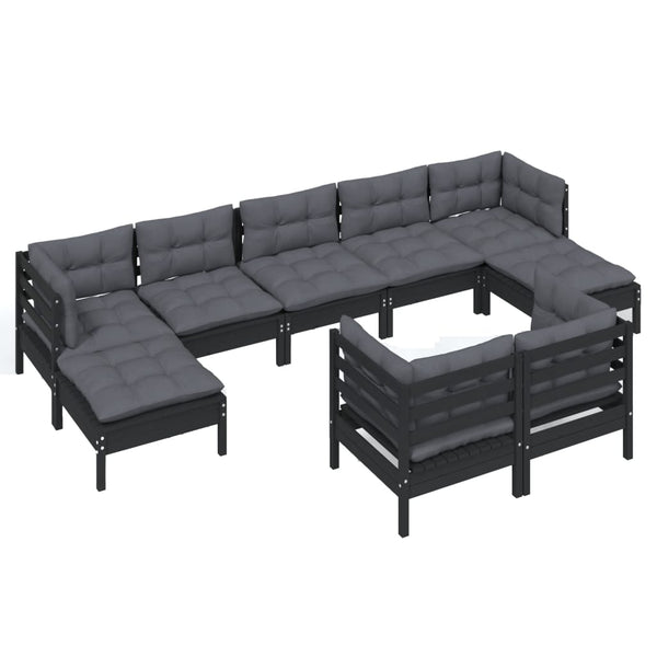 9-tlg. Garten-Lounge-Set mit Kissen Schwarz Kiefer Massivholz