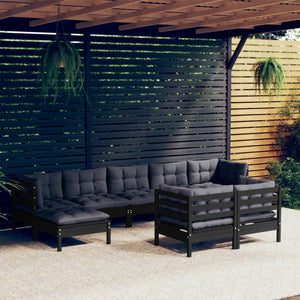 9-tlg. Garten-Lounge-Set mit Kissen Schwarz Kiefer Massivholz