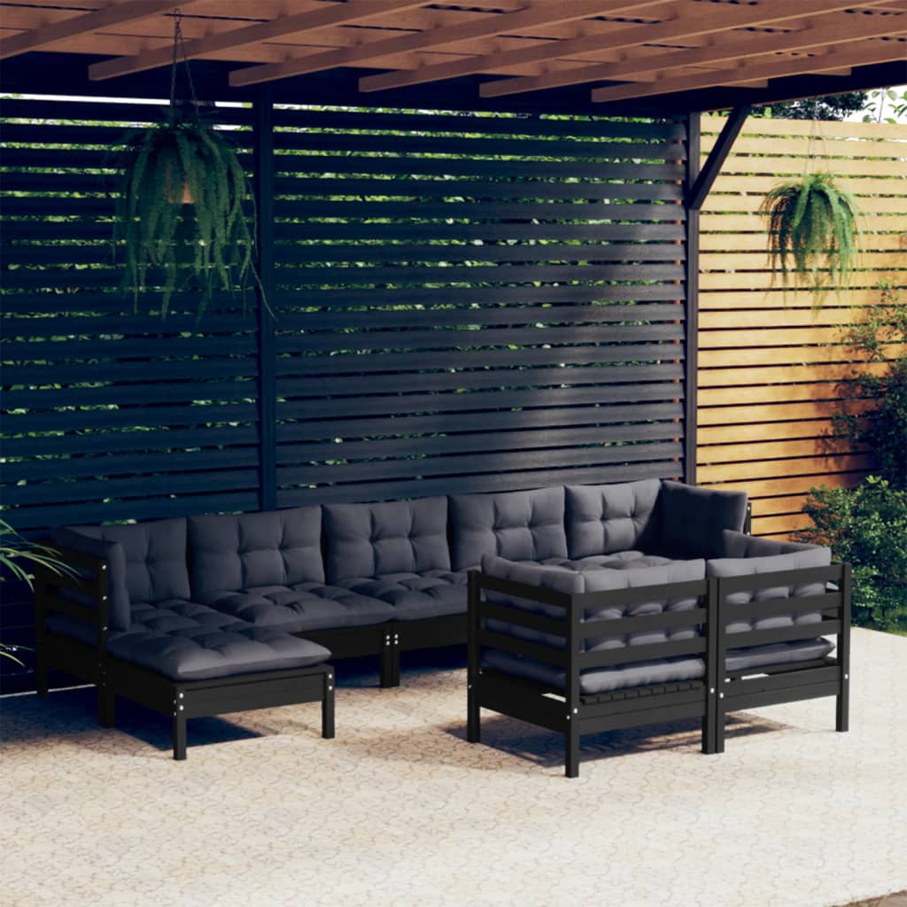 9-tlg. Garten-Lounge-Set mit Kissen Schwarz Kiefer Massivholz