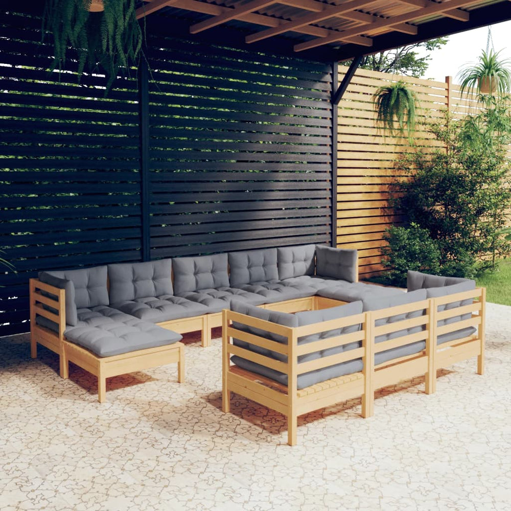 10-tlg. Garten-Lounge-Set mit Grauen Kissen Kiefer Massivholz