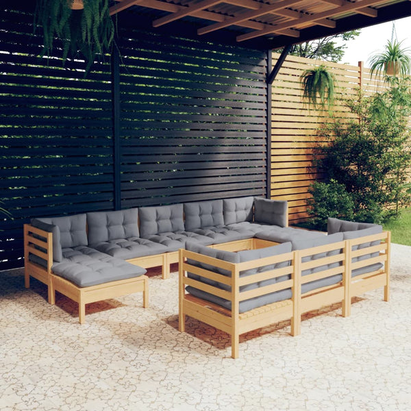 10-tlg. Garten-Lounge-Set mit Grauen Kissen Kiefer Massivholz