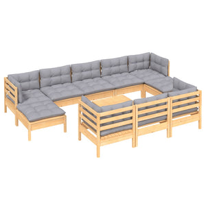 11-tlg. Garten-Lounge-Set mit Grauen Kissen Kiefer Massivholz