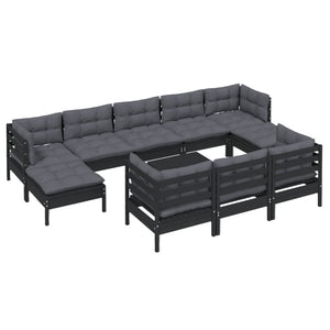 11-tlg. Garten-Lounge-Set mit Kissen Schwarz Kiefer Massivholz