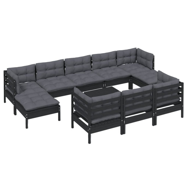 11-tlg. Garten-Lounge-Set mit Kissen Schwarz Kiefer Massivholz