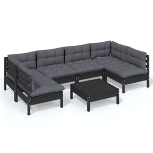 7-tlg. Garten-Lounge-Set mit Kissen Schwarz Kiefer Massivholz