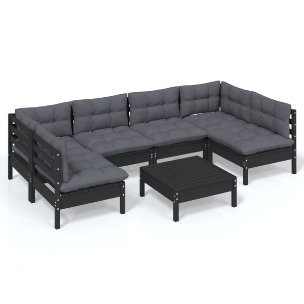 7-tlg. Garten-Lounge-Set mit Kissen Schwarz Kiefer Massivholz